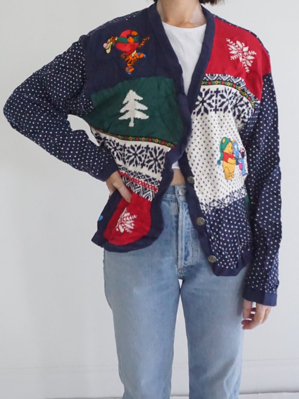 Vintage The Disney Store Navy Winnie Pooh Tigger Christmas Snowflake Cardigan XL